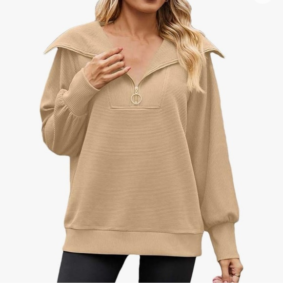 Jackets & Blazers - Ribbed quarter zip athletic sweatshirt hoodie scuba pullover